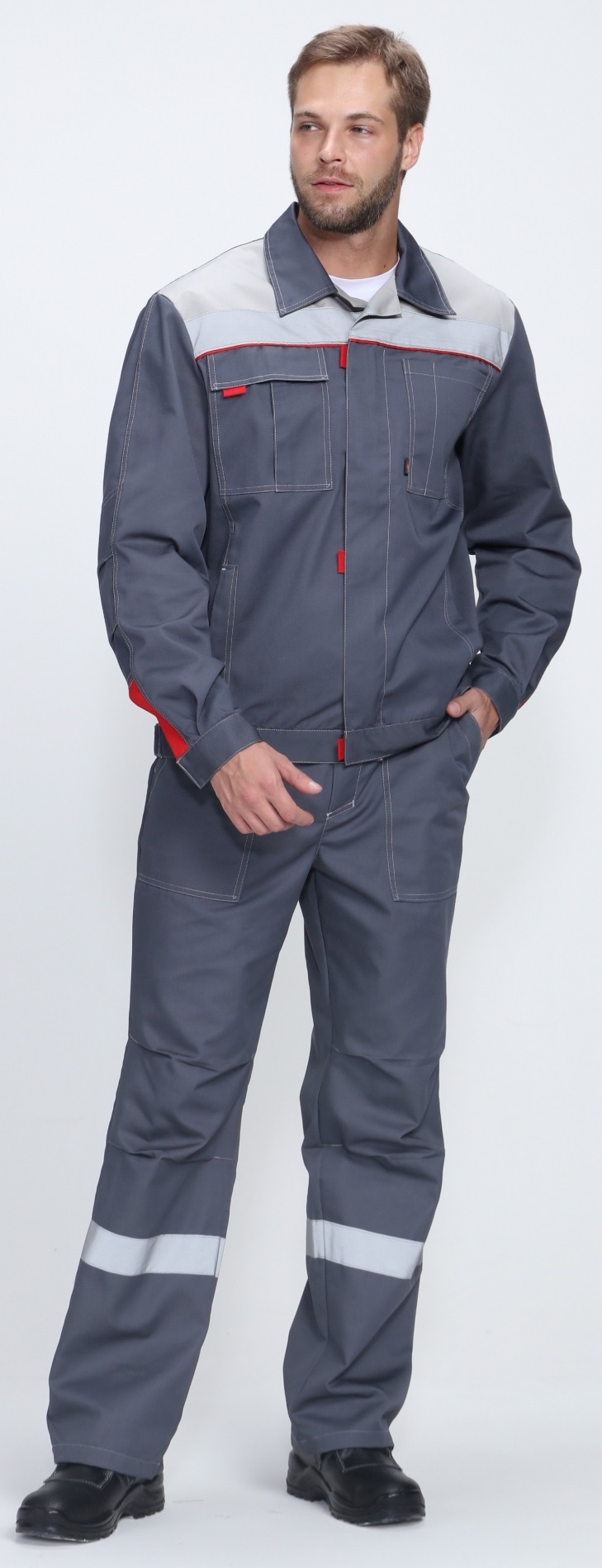 Костюм ФАВОРИТ-1 ПРЕМИУМ СОП UZ с БР (т.серый/серый/красный)