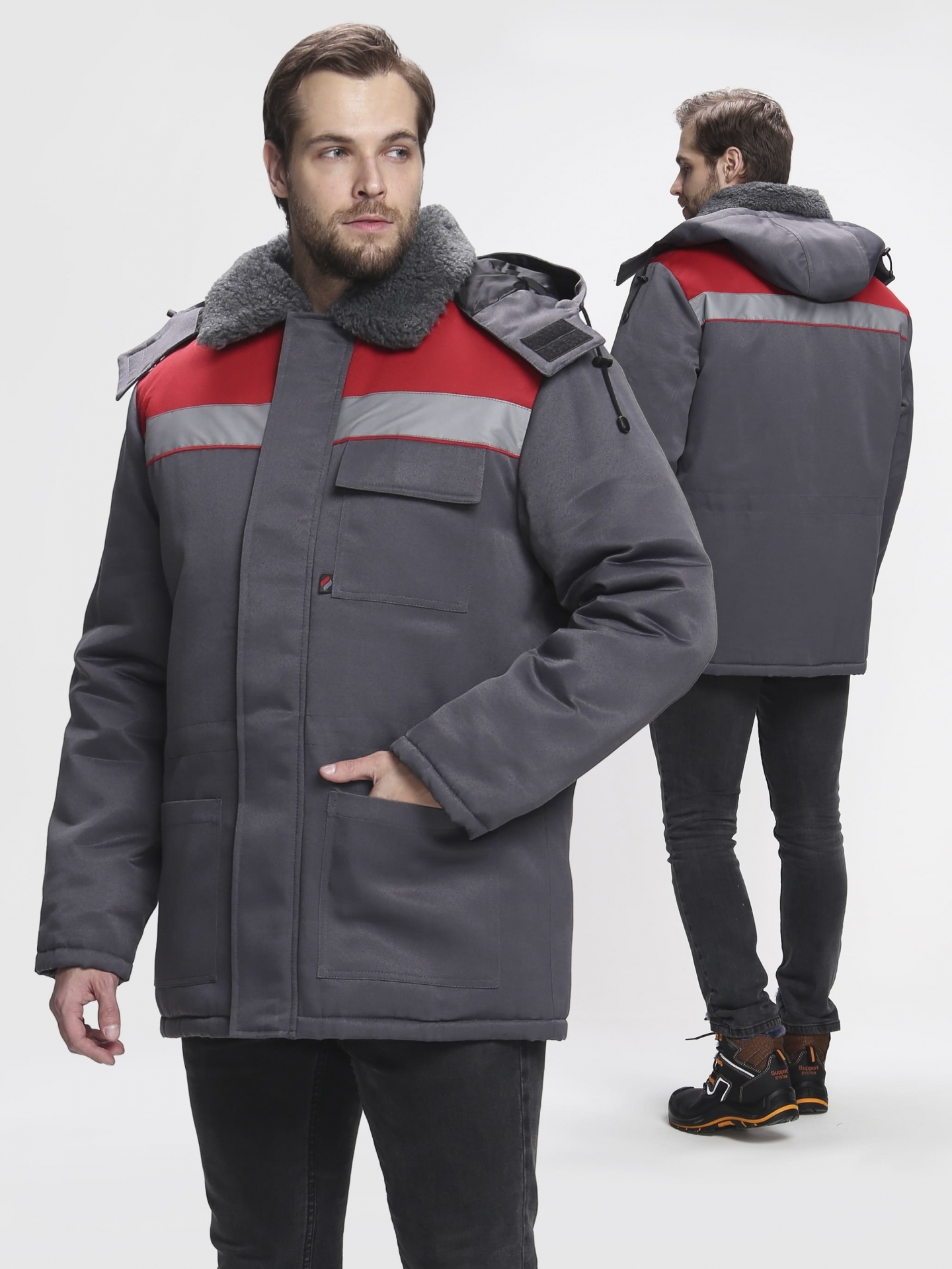 Куртка БРИГАДА NEW Смесовая зимняя (т.серый/красный)