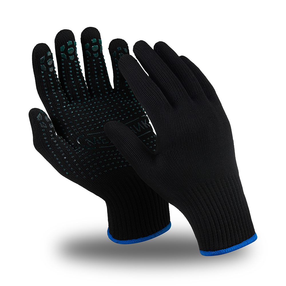 Перчатки МЕХАНИК БЛЭК, (MG-114), нейлон/хлопок, точка ПВХ, оверлок, цвет черный
