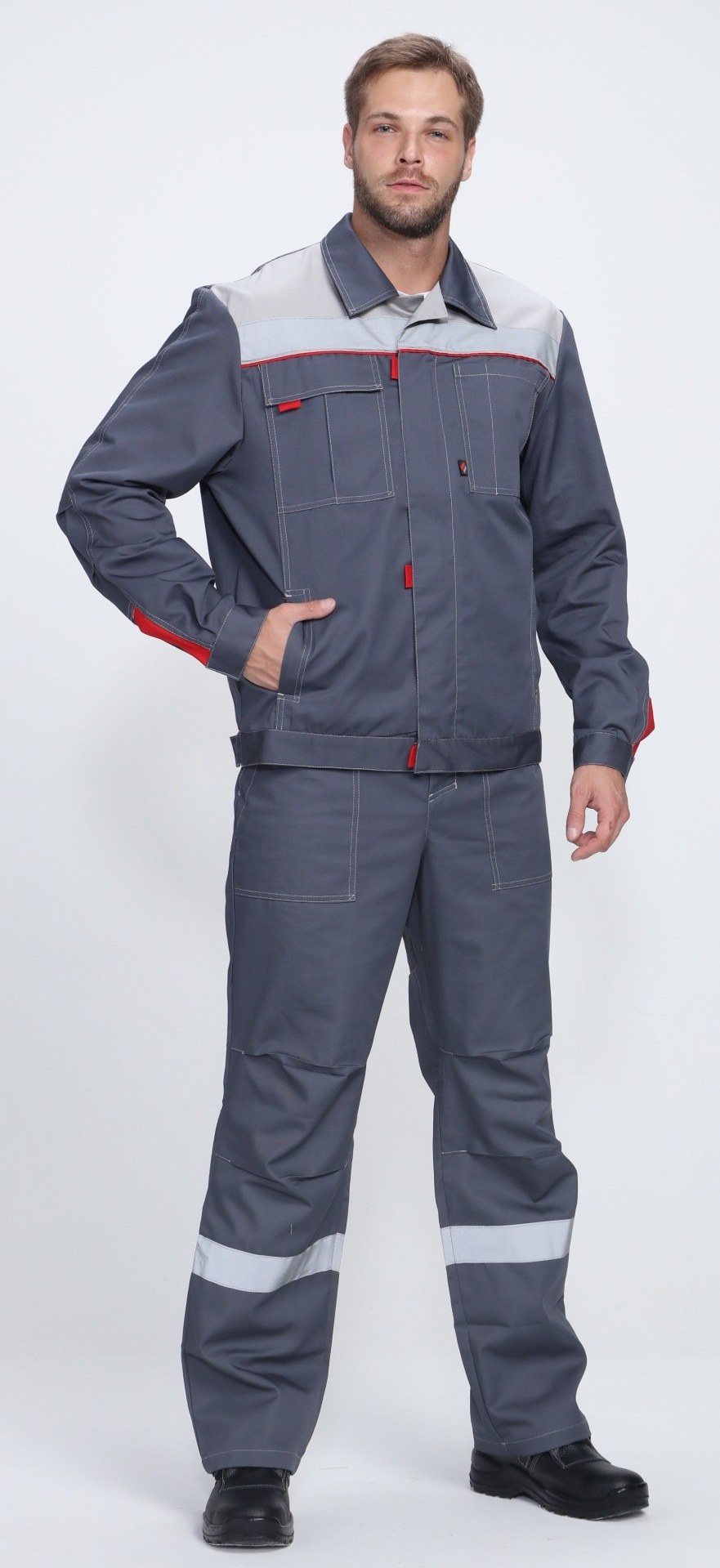 Костюм ФАВОРИТ-2 ПРЕМИУМ СОП IMP с ПК (т.серый/серый/красный)