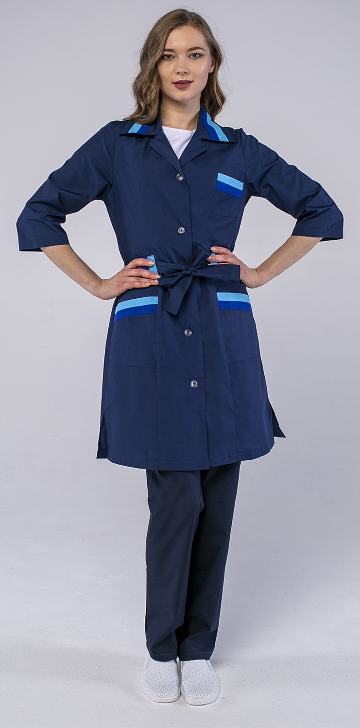 Халат ФЛОРА женский с поясом (т.синий/васильковый)