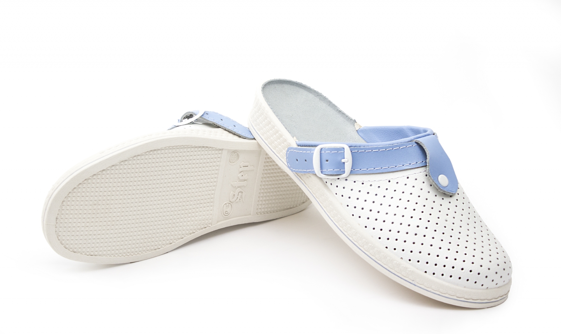 Сабо женские нат.кожа Комфорт ПВХ (белый/голубой)