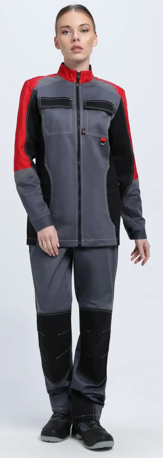 Костюм ВЕКТРОН-1 женский с БР (серый/красный/черный)